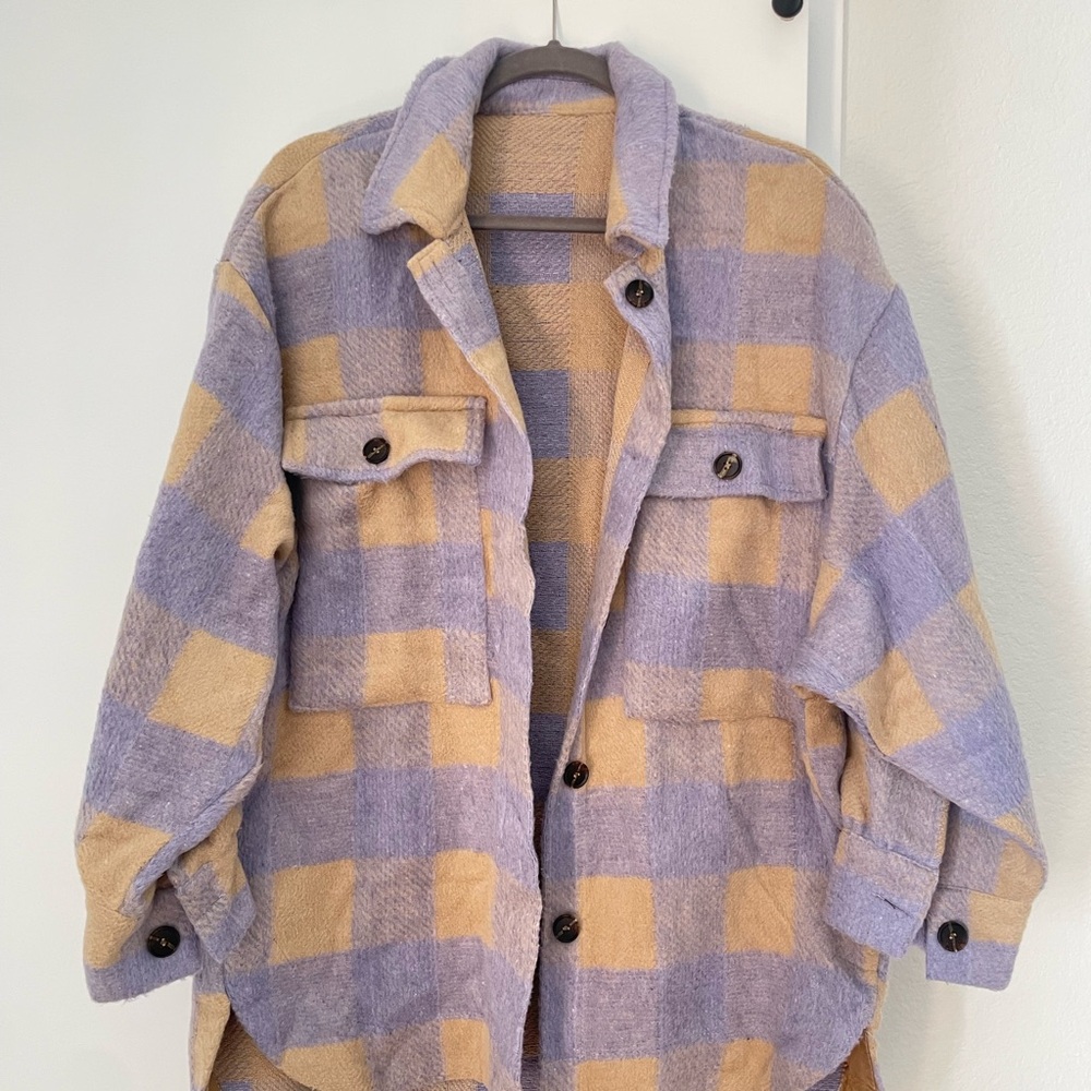 Plaid Button-Up Jacket in Purple and Tan